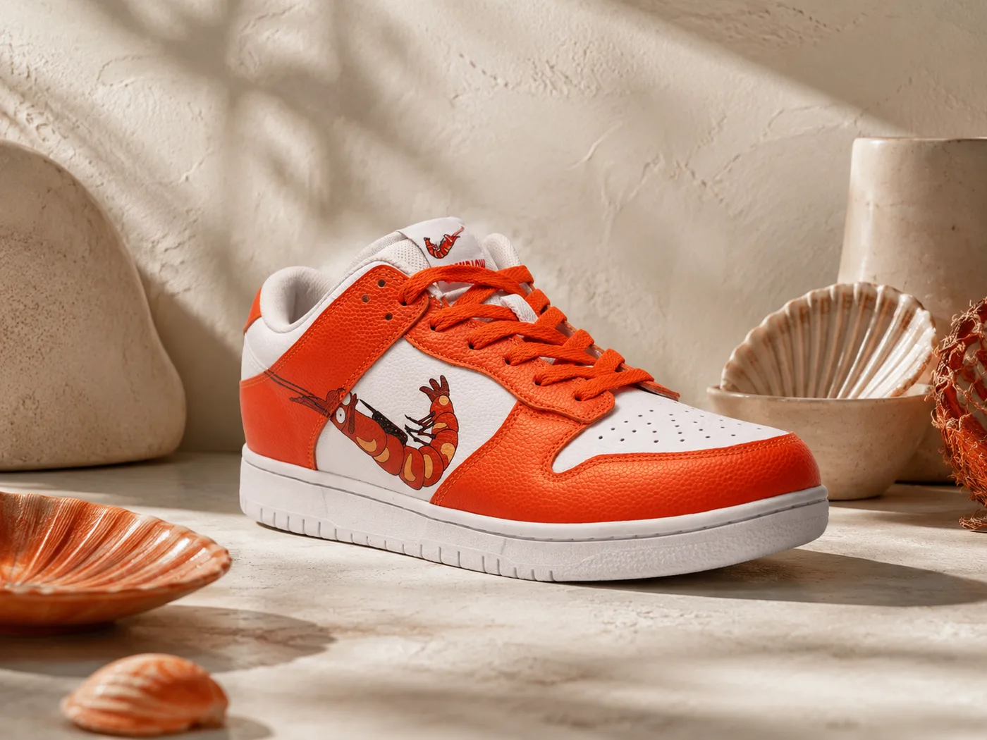 Egyedi márkamintás sneaker kőasztalon, természetes fényben